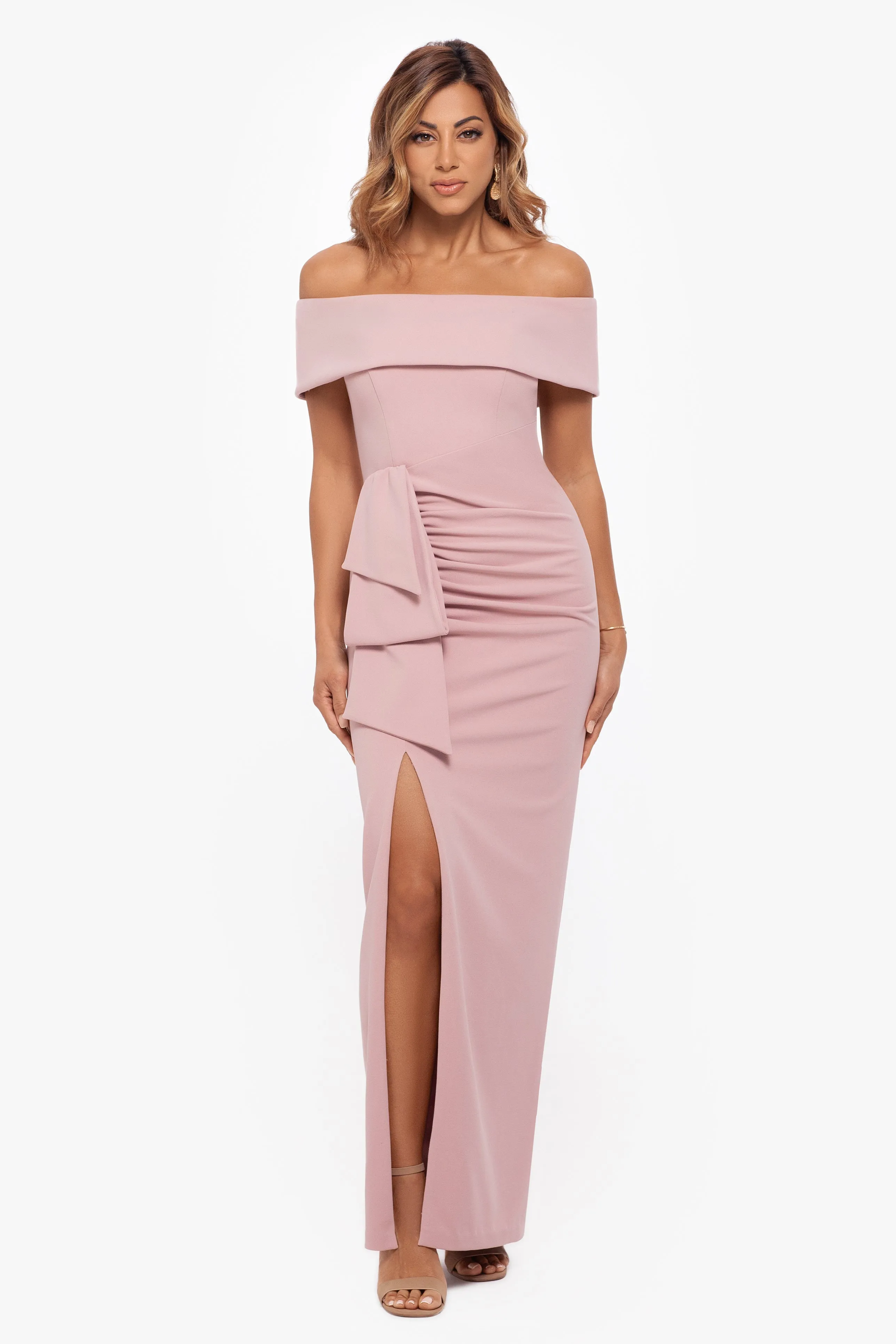 "Camila" Long Off the Shoulder Scuba Crepe Dress sold by Xscape product image thumbnail 3