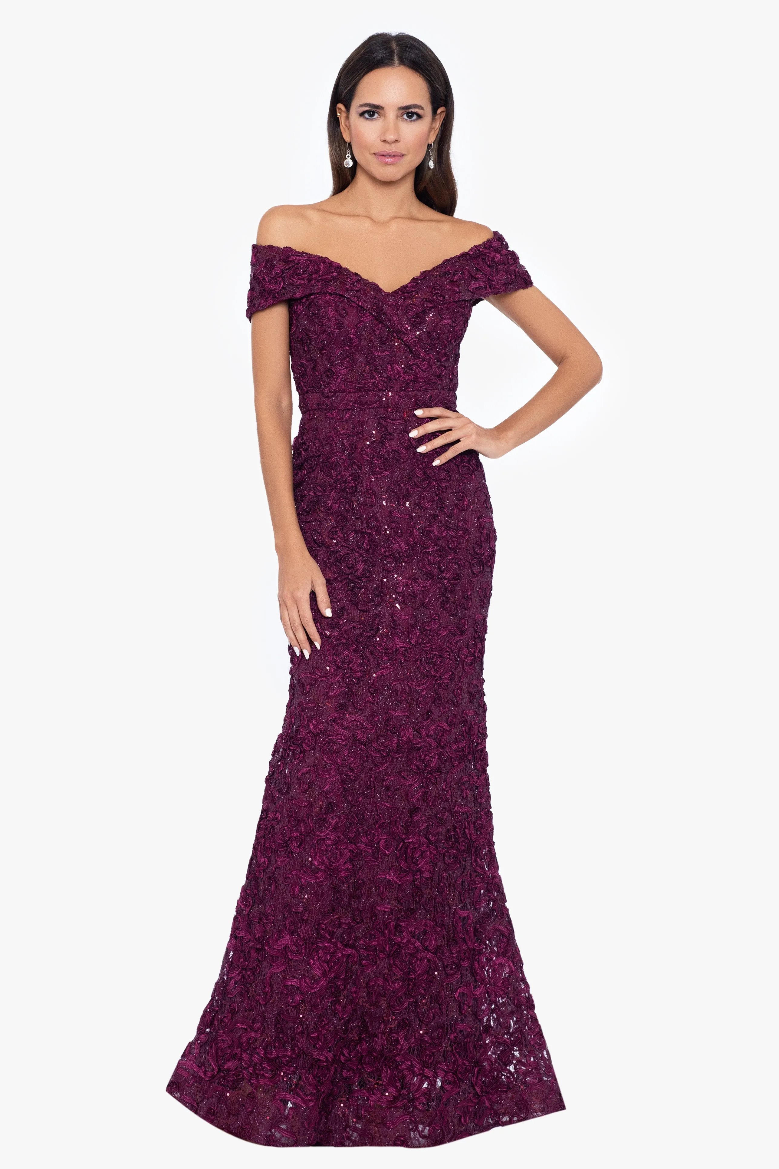 Petite "Jill" Off The Shoulder Long Lace Dress sold by Xscape