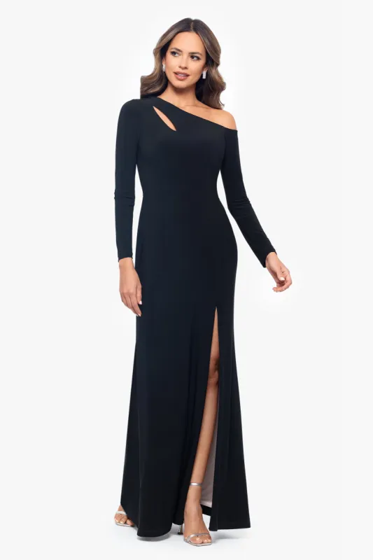 "Leona" Long Jersey Knit Contrast Lining Off the Shoulder Dress sold by Xscape