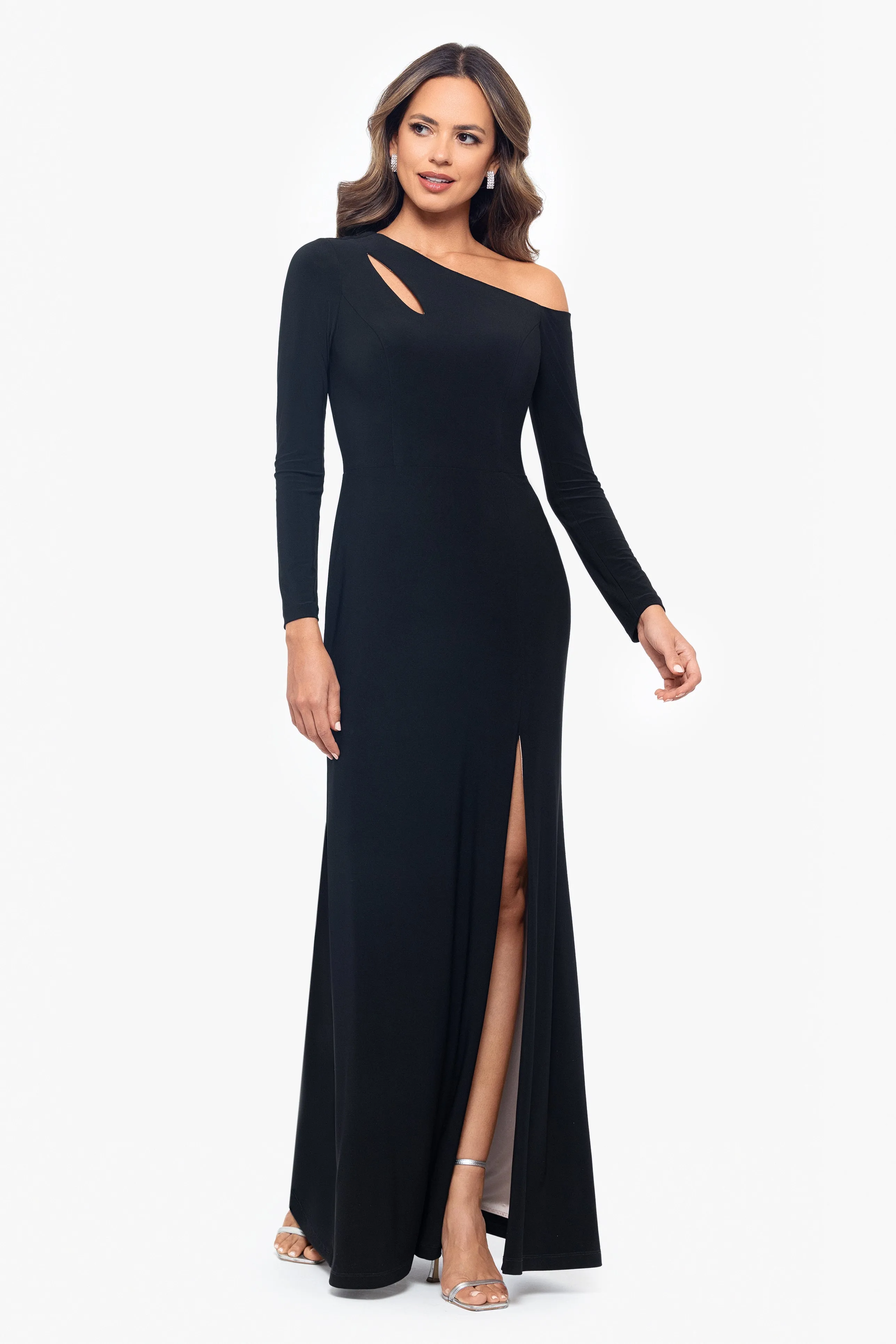 "Leona" Long Jersey Knit Contrast Lining Off the Shoulder Dress sold by Xscape