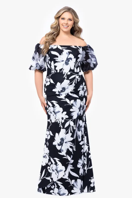 Plus "Paris" Scuba Crepe Floral Print Gown sold by Xscape