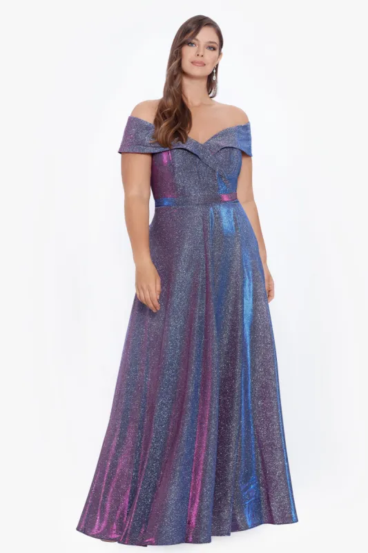 Plus "Willow" Off the Shoulder Glitter Knit Gown sold by Xscape