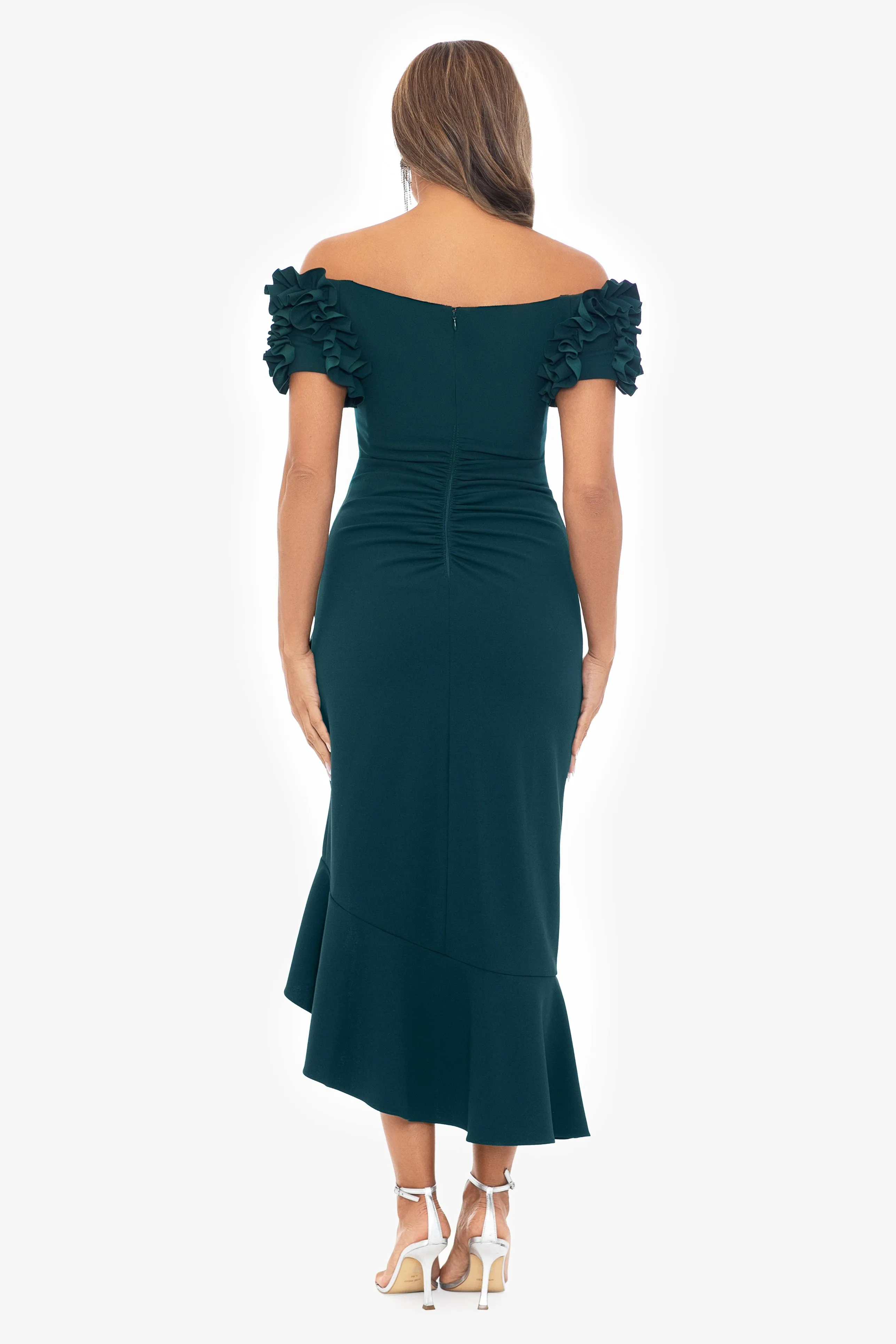 "Loretta" Scuba Crepe Off the Shoulder Ruffle Sleeve Midi Dress sold by Xscape product image thumbnail 5