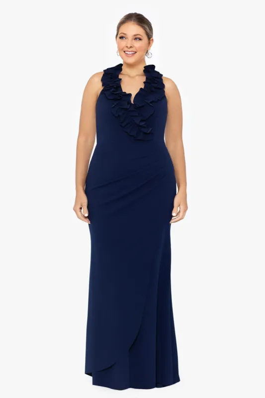 Plus "Sammy" Long Scuba Crepe V-Neck Ruffle Dress made by Xscape