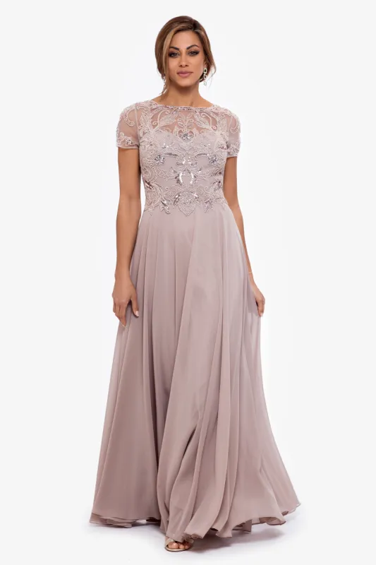 "Jerri" Beaded Short Sleeve Chiffon Gown sold by Xscape