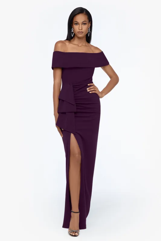 Petite "Camila" Long Off the Shoulder Scuba Crepe Dress sold by Xscape