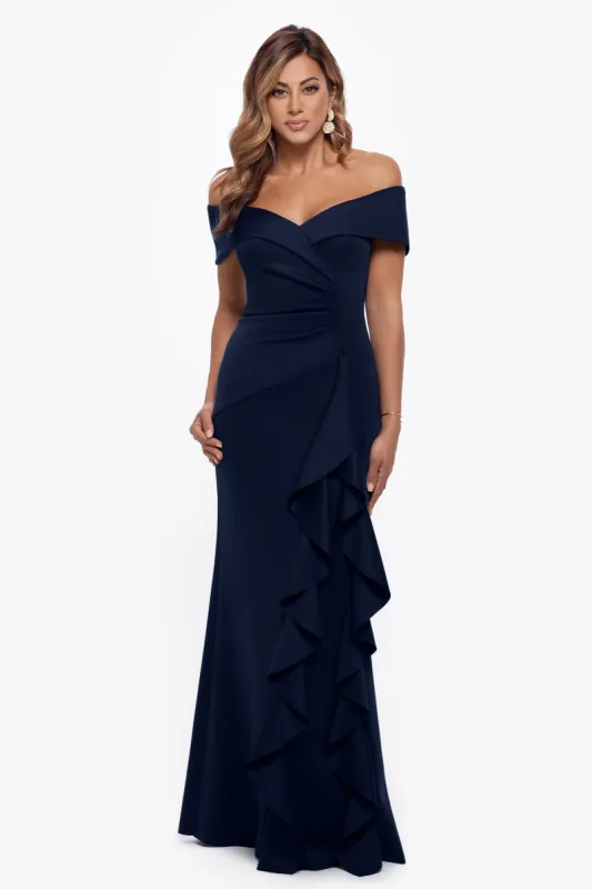 "Ava" Long Scuba Crepe Off The Shoulder Dress made by Xscape