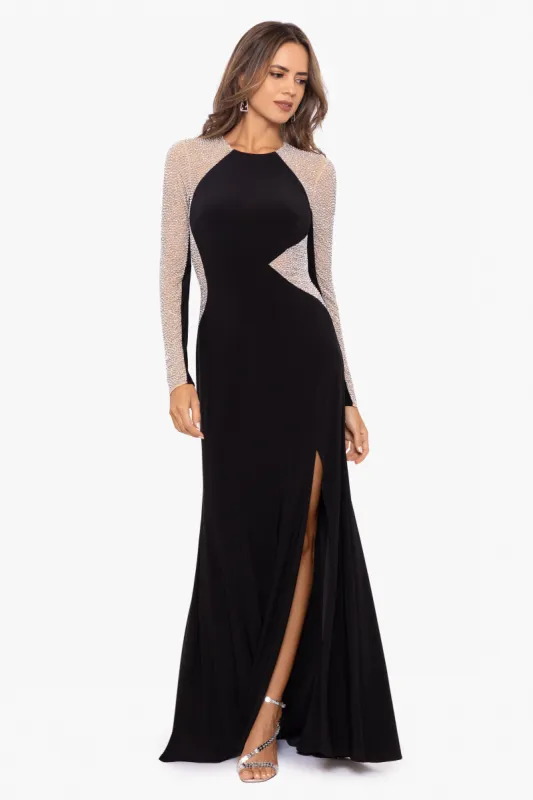 "Joanne" Long Jersey Knit Caviar Beaded Long Sleeve Dress sold by Xscape