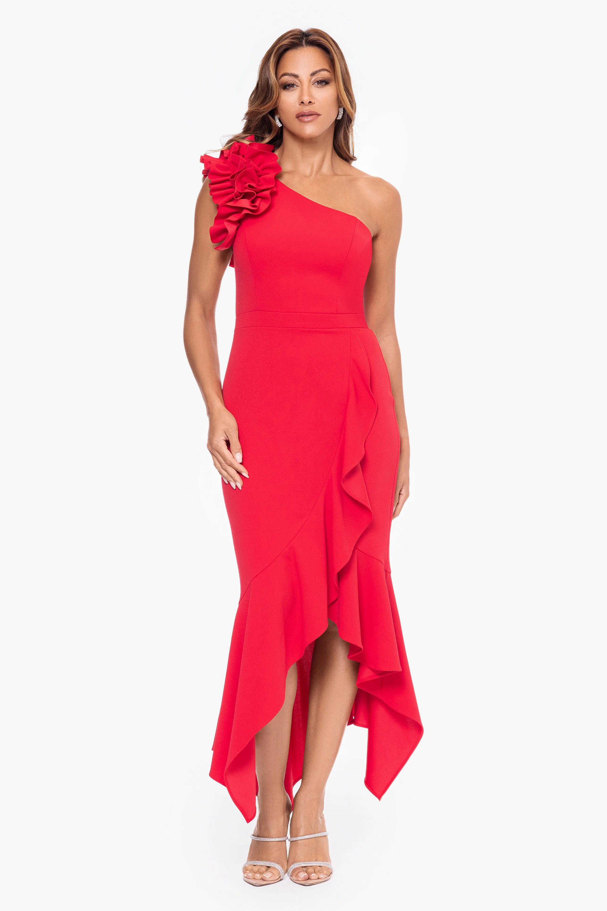 "May" Midi Scuba Crepe Asymmetrical Ruffle Dress sold by Xscape