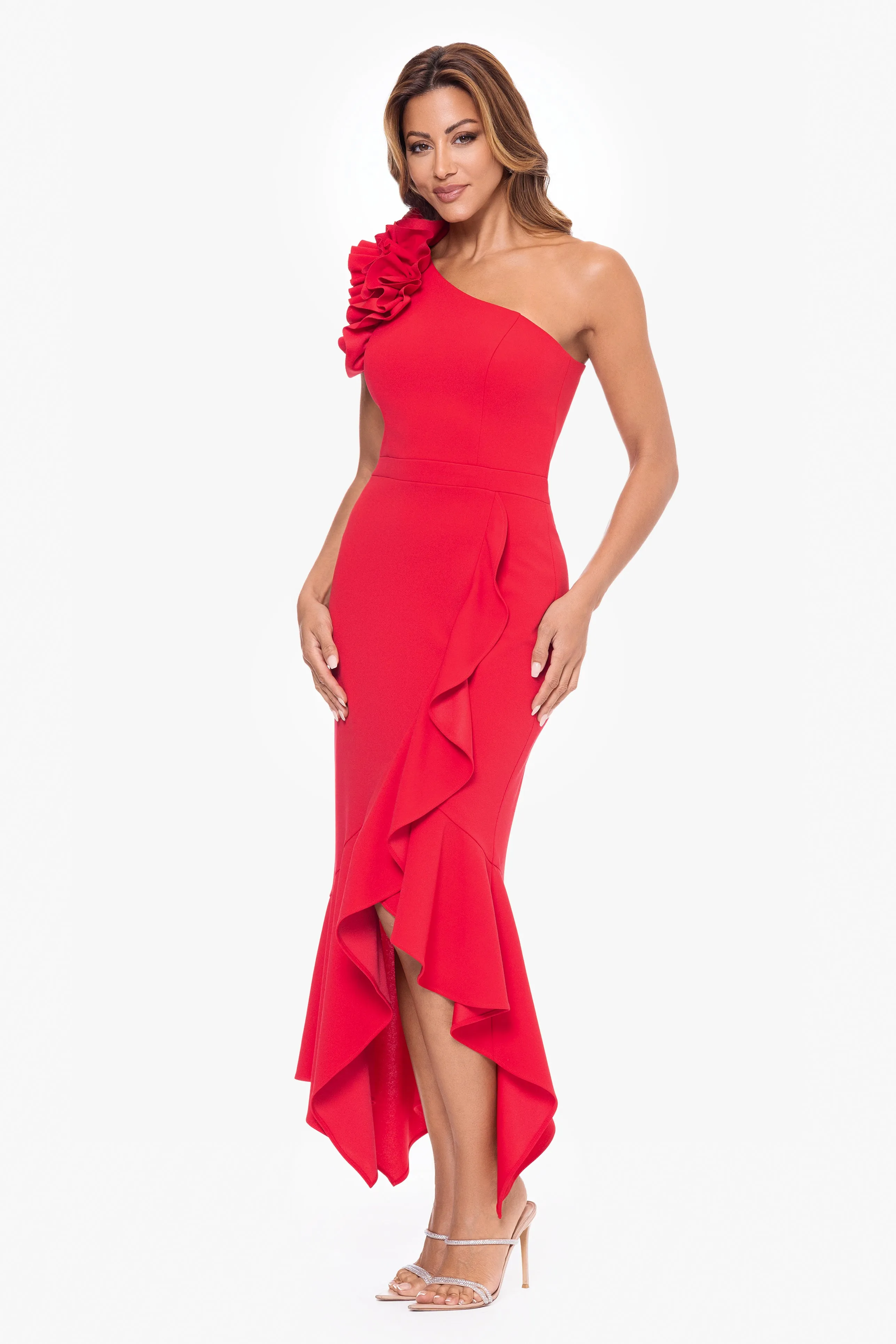 "May" Midi Scuba Crepe Asymmetrical Ruffle Dress sold by Xscape product image thumbnail 3