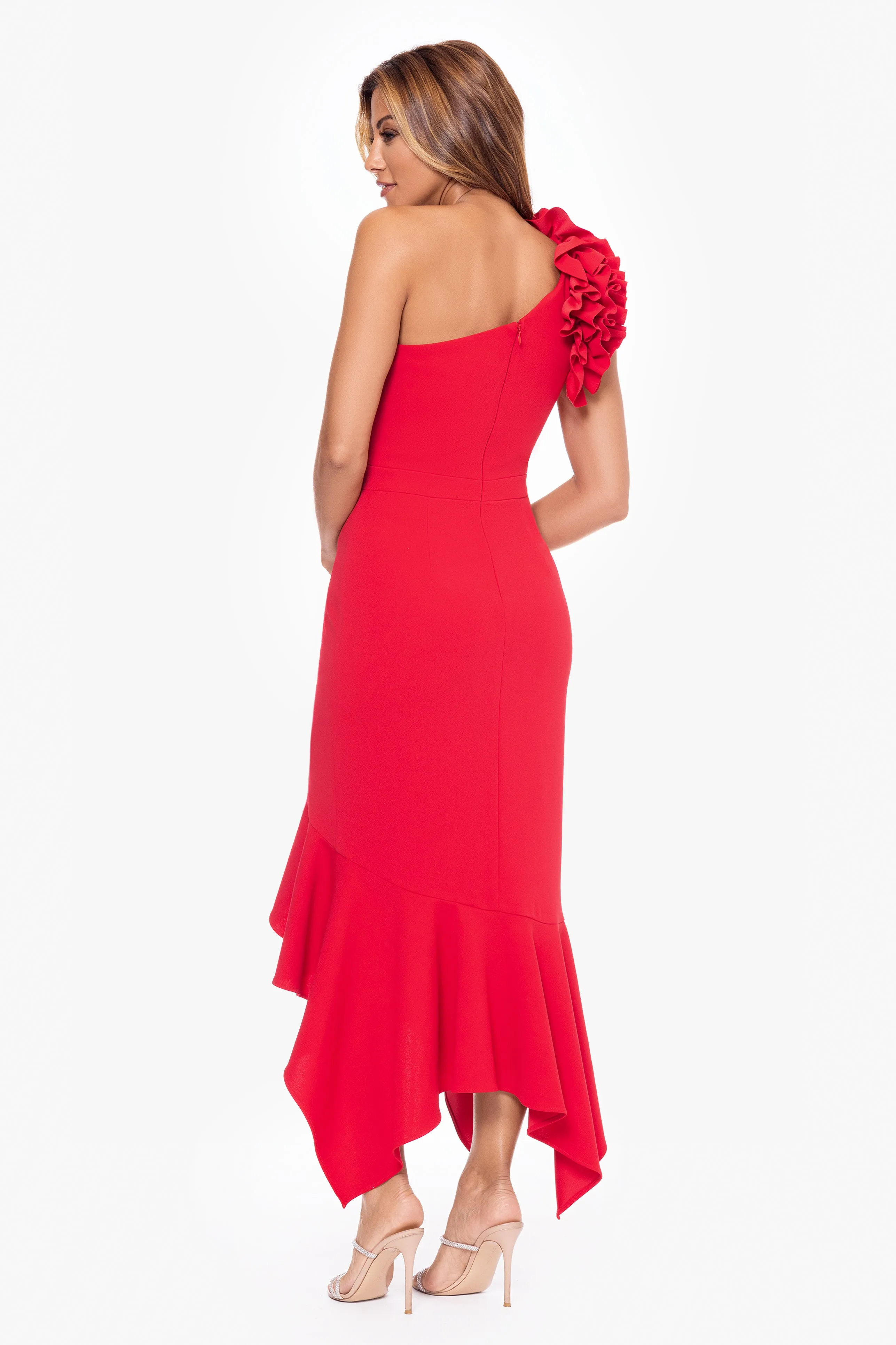 "May" Midi Scuba Crepe Asymmetrical Ruffle Dress sold by Xscape product image thumbnail 2