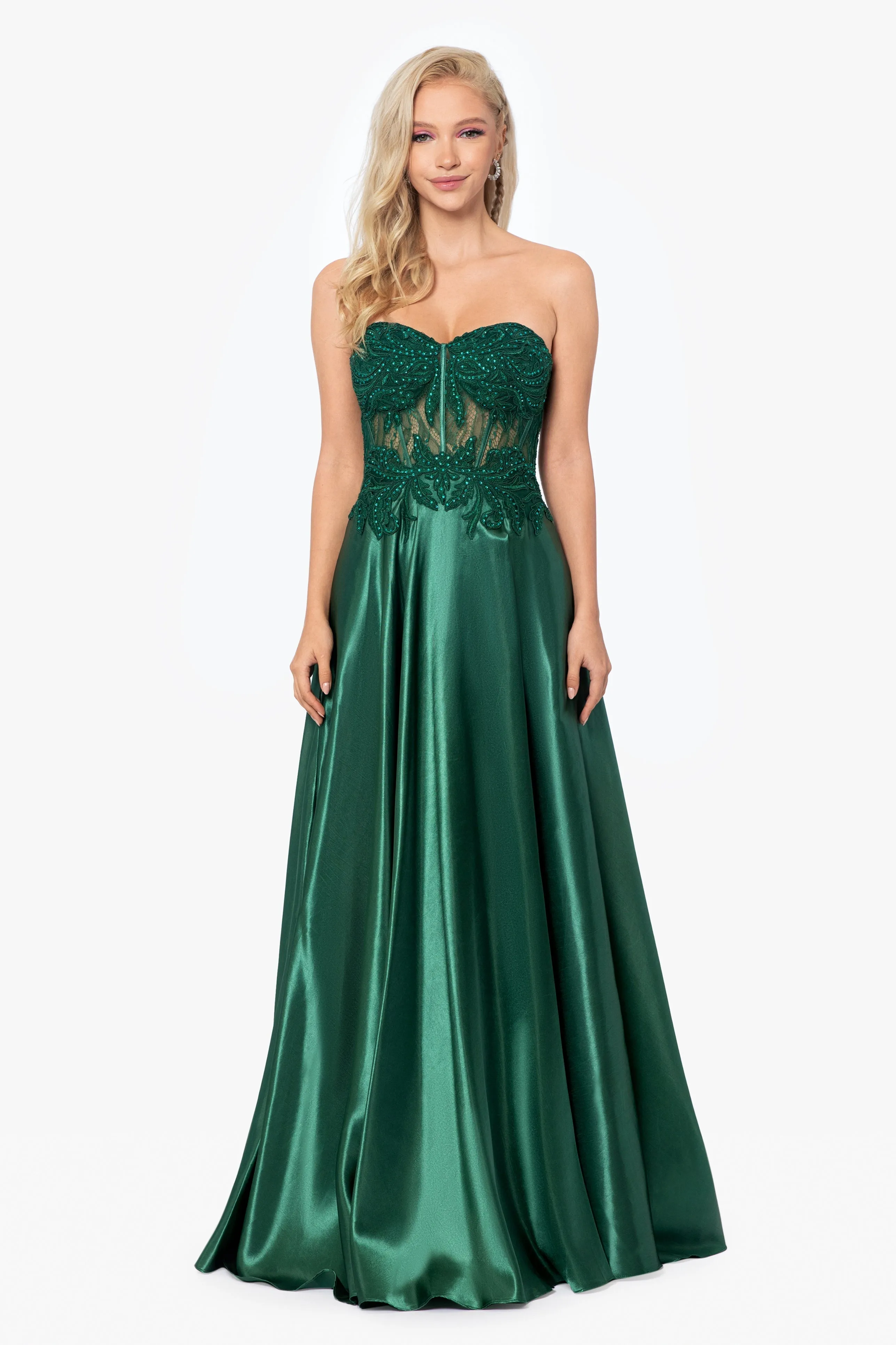 "Melissa" Charmeuse Illusion Bodice Applique Gown sold by Xscape