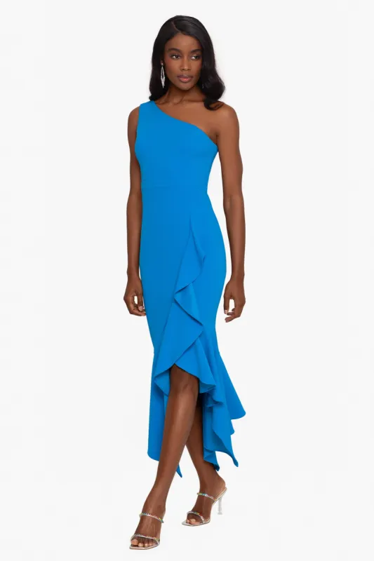 "Sari" Long One Shoulder Ruffle Dress sold by Xscape