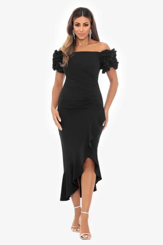 Petite "Loretta" Scuba Crepe Off the Shoulder Ruffle Sleeve Midi Dress sold by Xscape
