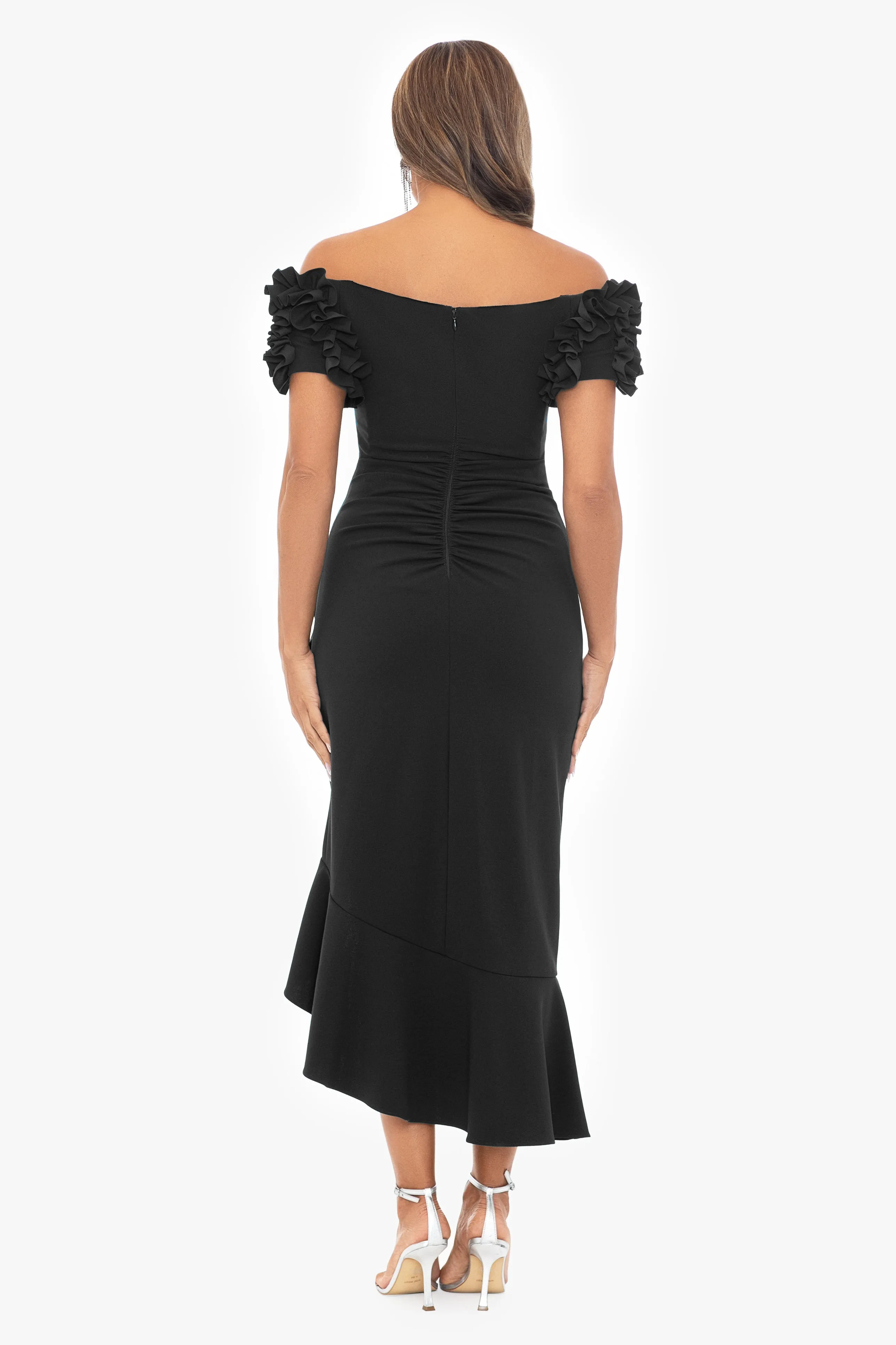 Petite "Loretta" Scuba Crepe Off the Shoulder Ruffle Sleeve Midi Dress sold by Xscape product image thumbnail 2