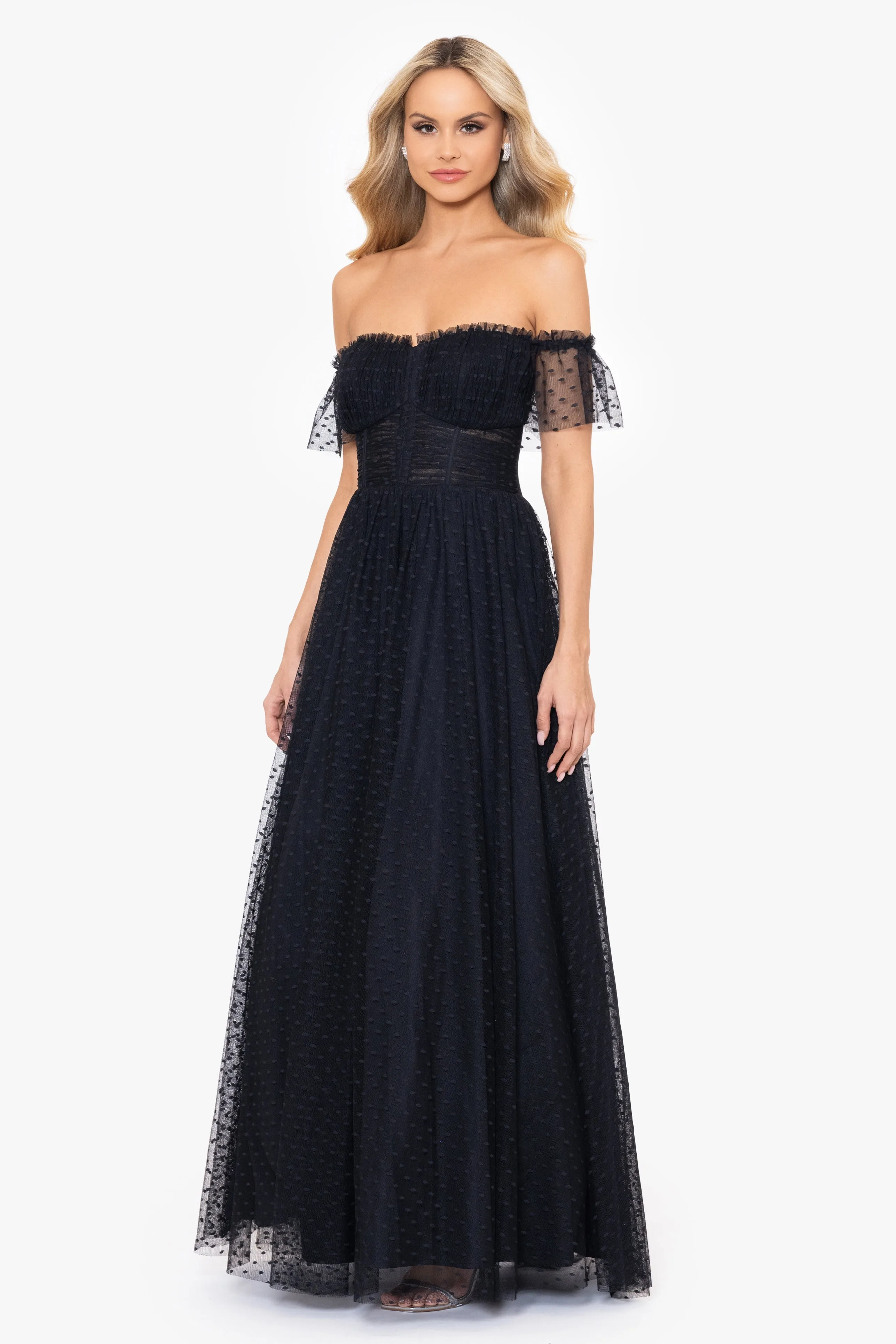 Blondie Nites "Edie" Dot Mesh Off the Shoulder Ballgown sold by Xscape