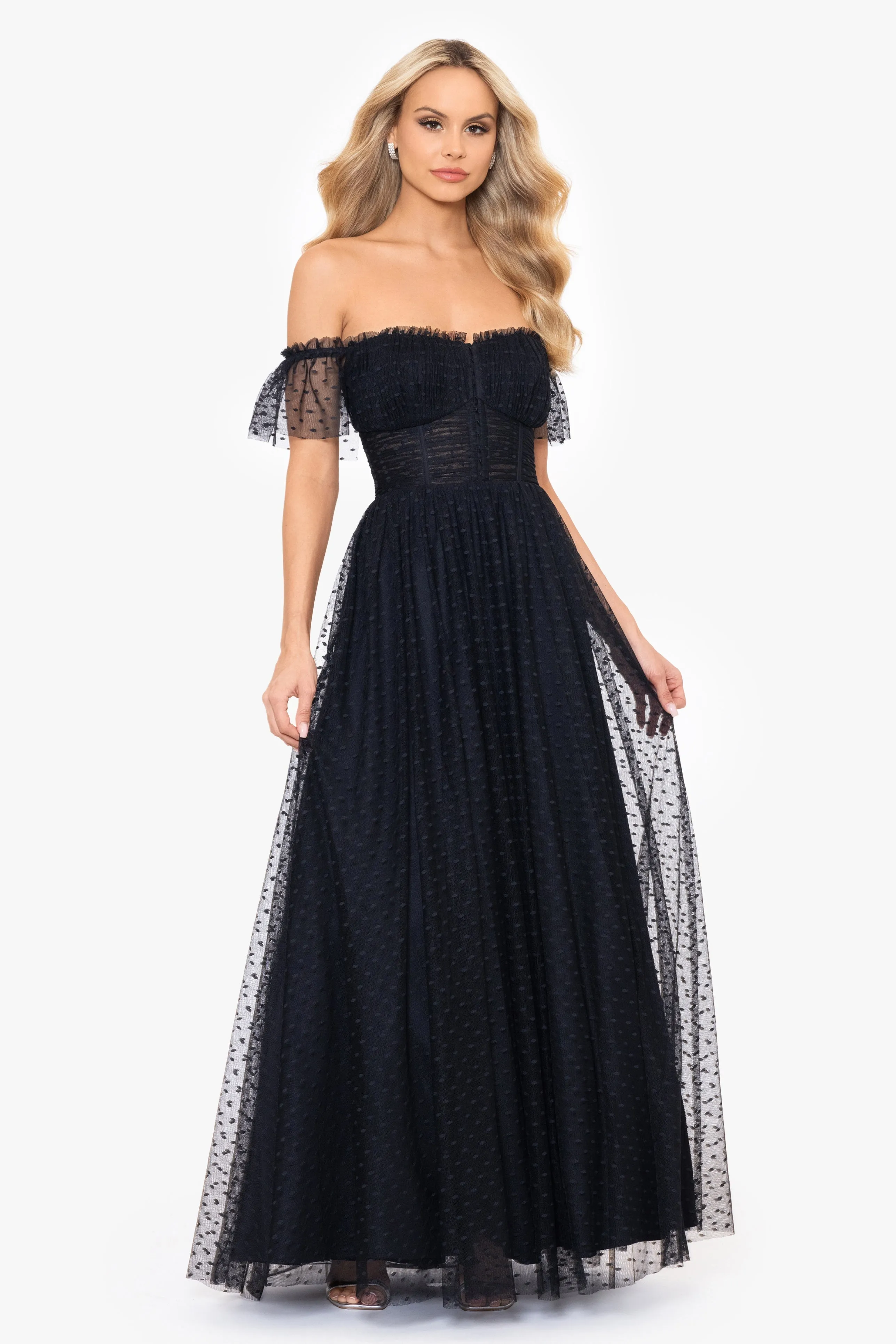 Blondie Nites "Edie" Dot Mesh Off the Shoulder Ballgown sold by Xscape product image thumbnail 3