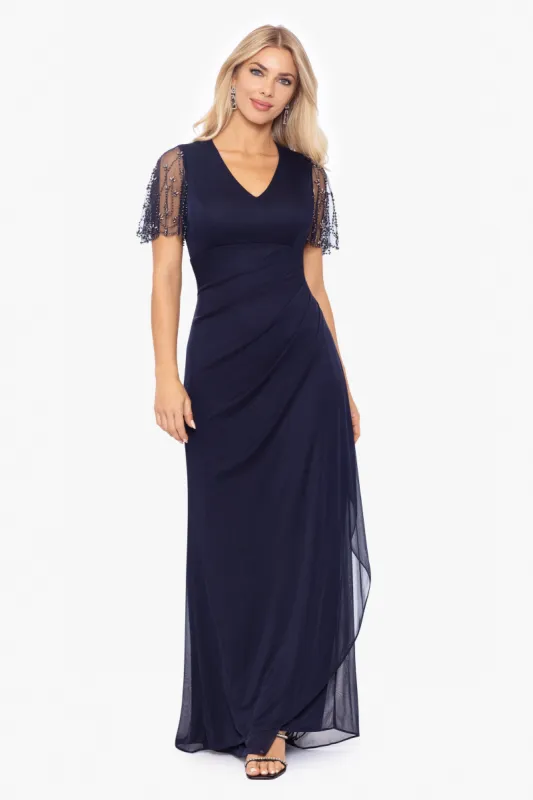 "Janice" Long Embellished Sleeve Side Ruche Long Dress made by Xscape