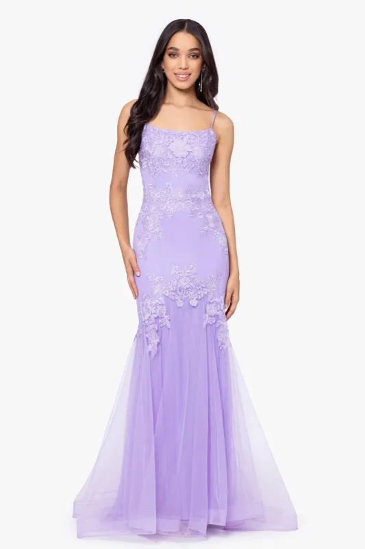 Blondie Nites "Faith" Long Slim Spaghetti Strap Mesh Applique Dress sold by Xscape