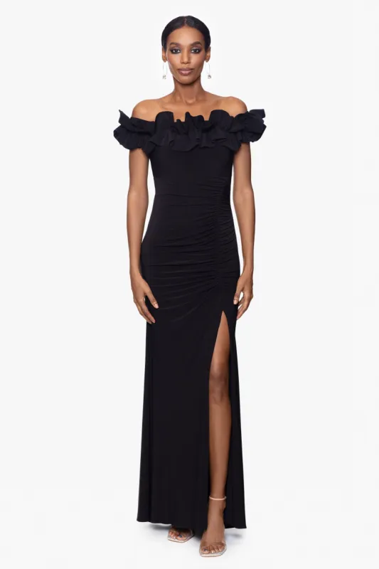 "Ruthie" Long Jersey Knit Off the Shoulder Ruffle Top Dress sold by Xscape