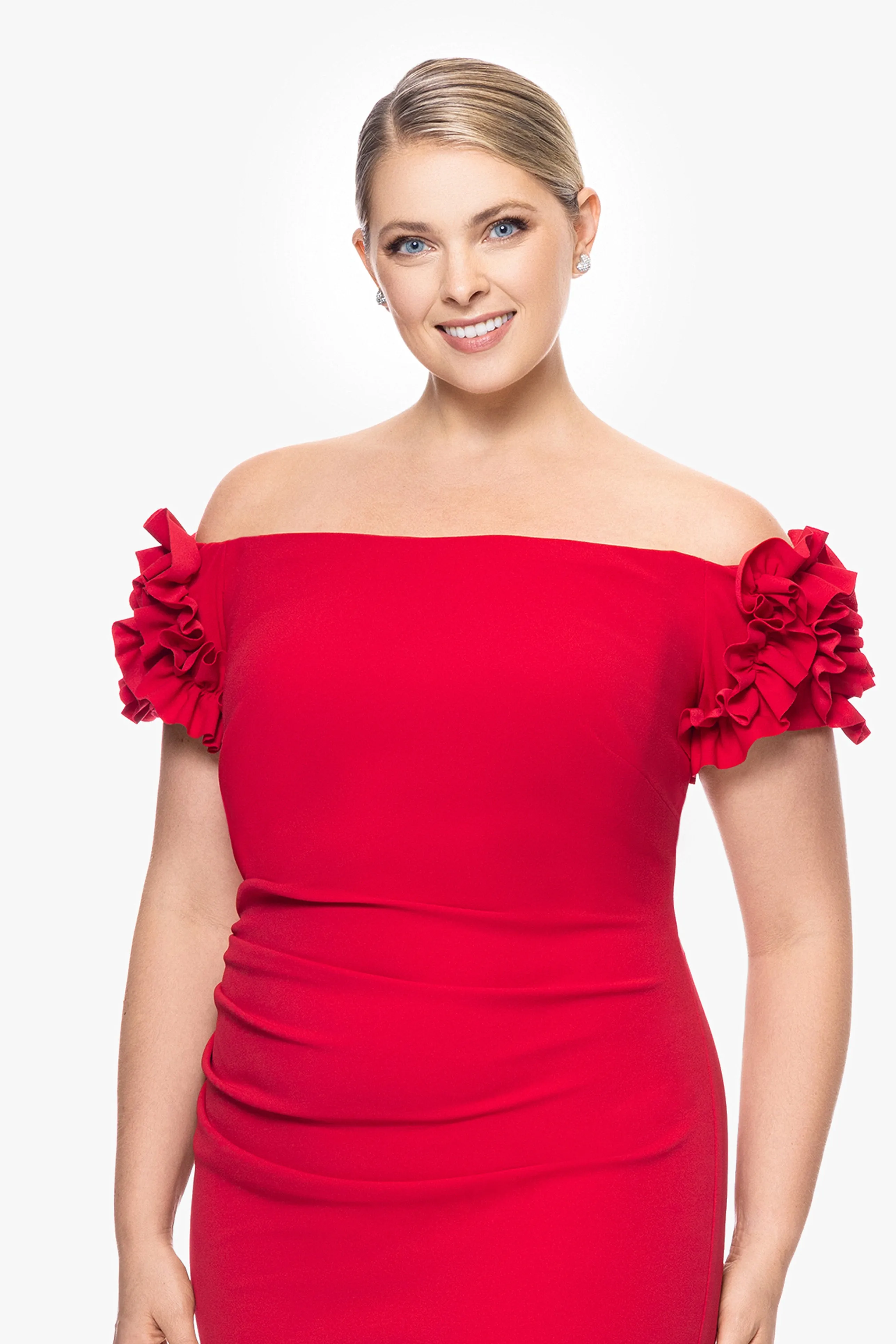 Plus "Karla" Long Off the Shoulder Scuba Crepe Ruffle Sleeve Dress sold by Xscape product image thumbnail 4
