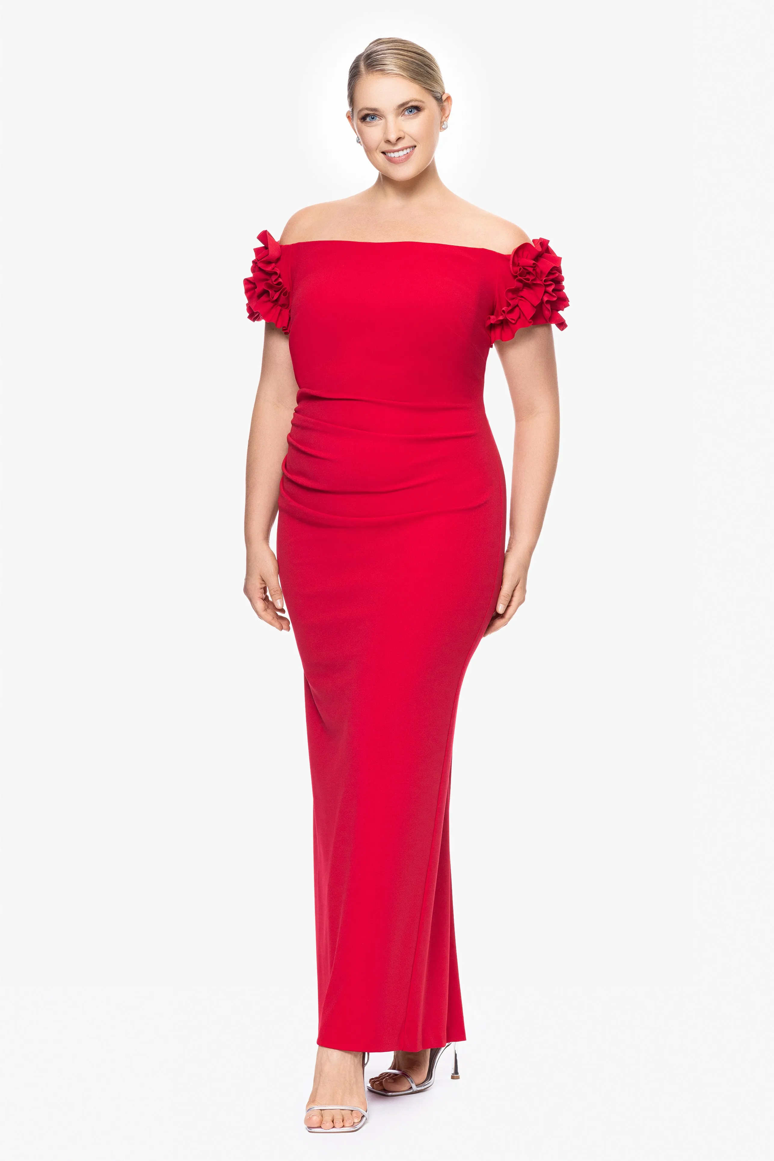 Plus "Karla" Long Off the Shoulder Scuba Crepe Ruffle Sleeve Dress sold by Xscape product image thumbnail 3