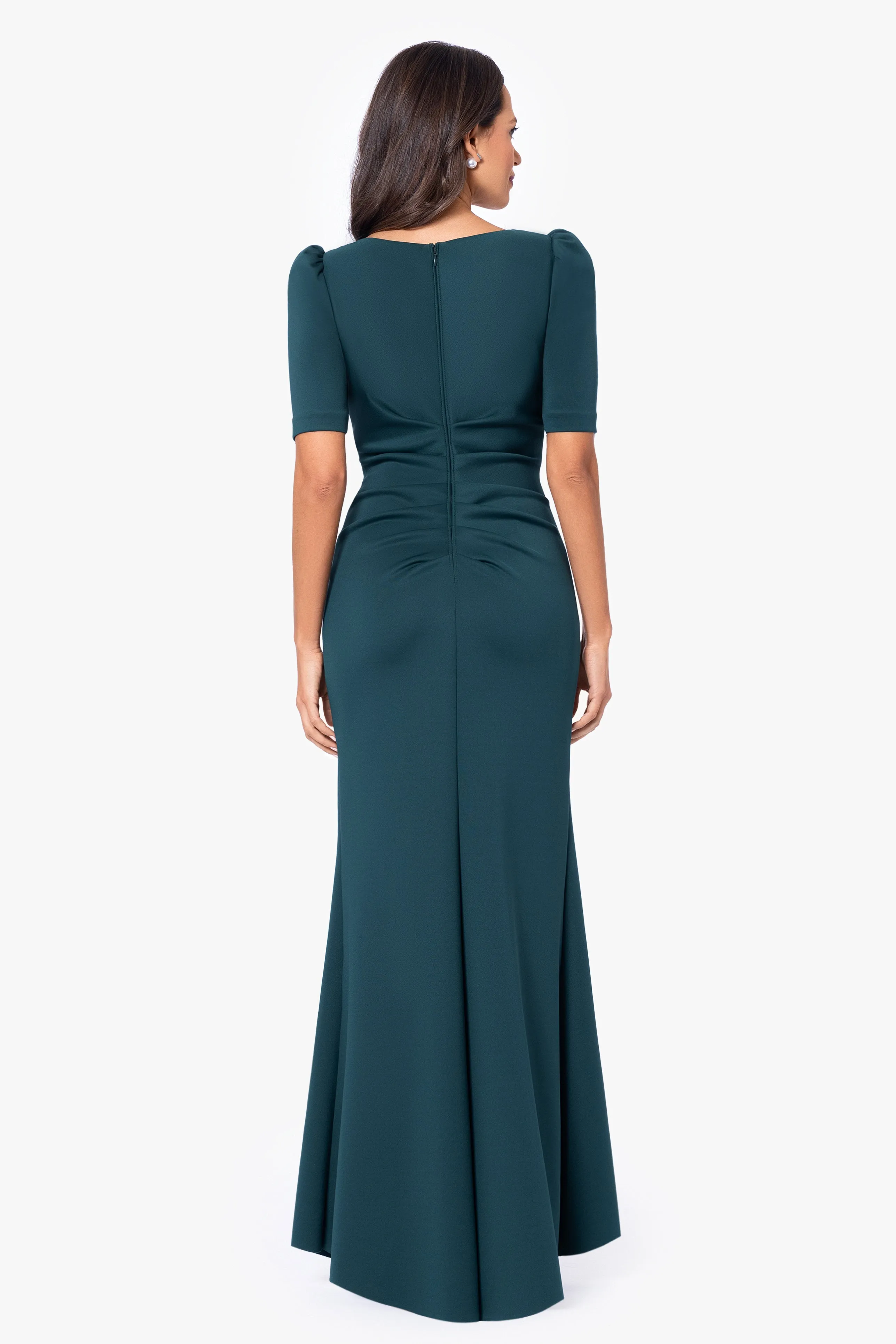 Petite "Demi" 3/4 Sleeve Side Ruched Floor Length Gown sold by Xscape product image thumbnail 4