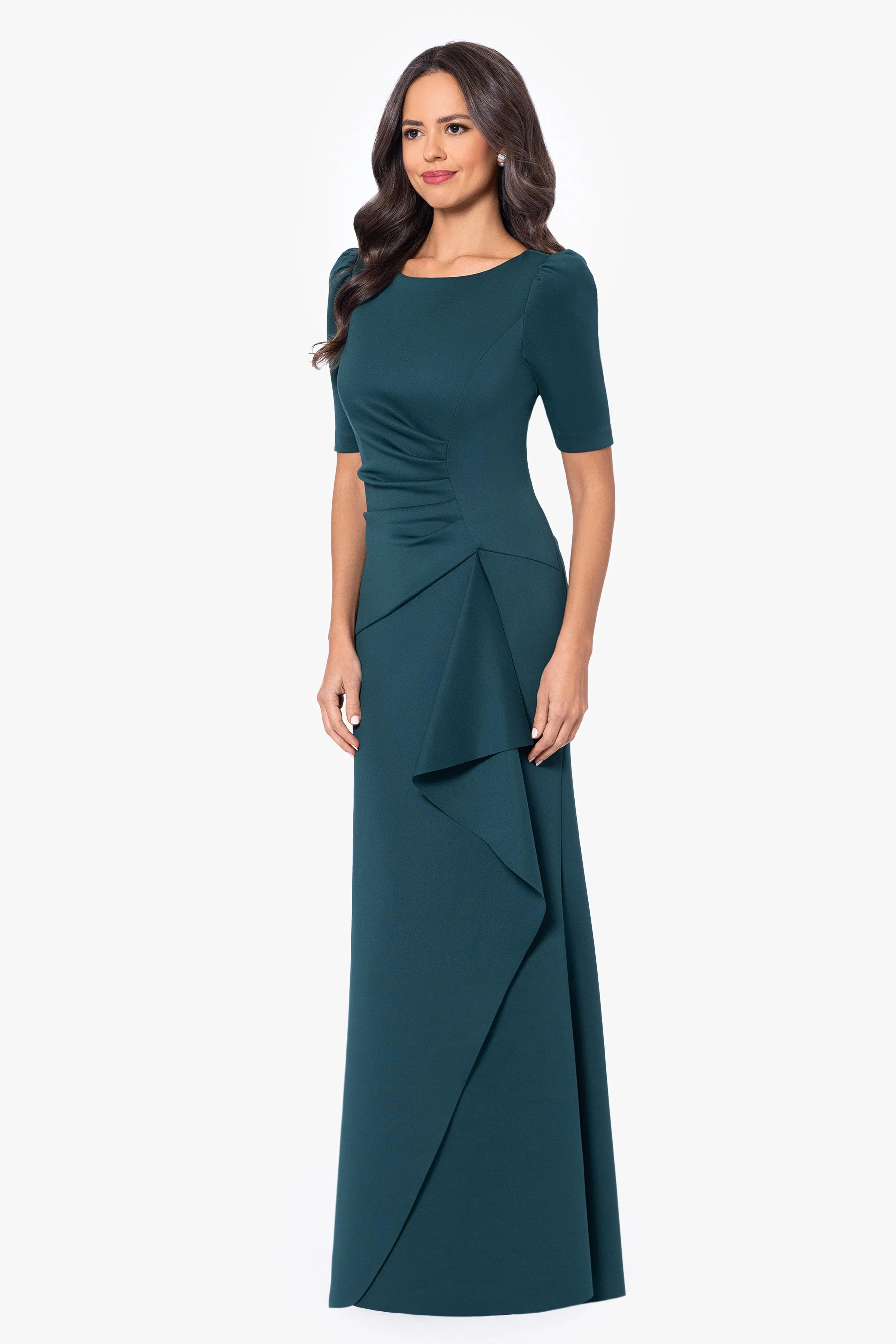Petite "Demi" 3/4 Sleeve Side Ruched Floor Length Gown sold by Xscape product image thumbnail 5
