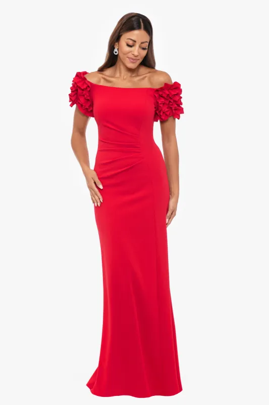 Petite "Sandy" Long Off the Shoulder Ruffle Scuba Crepe Floor Length Dress made by Xscape