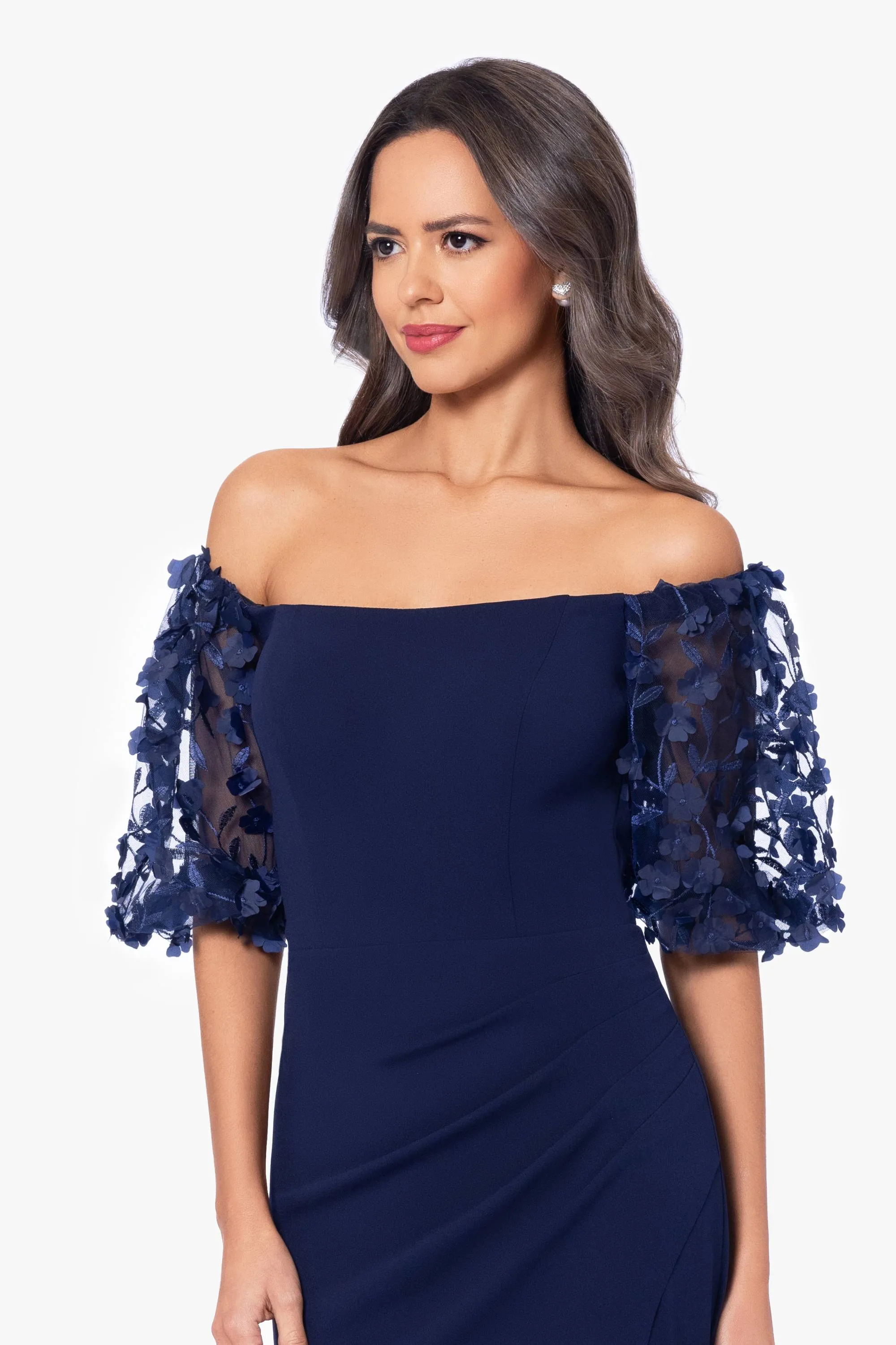 "Melanie" 3D Floral Sleeve Scuba Crepe Gown sold by Xscape product image thumbnail 4