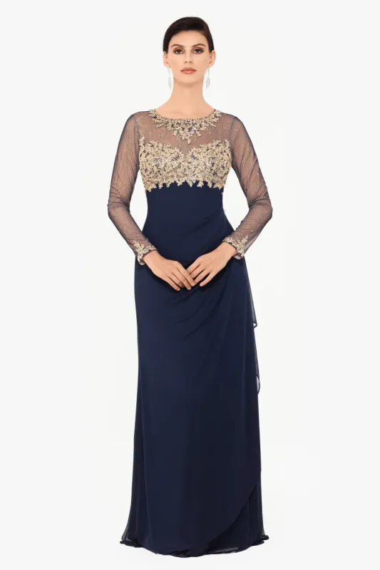 Petite "Noah" Long Sleeve Sheer Matte Jersey Ruched Back Dress sold by Xscape