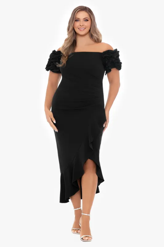 Plus "Loretta" Scuba Crepe Off the Shoulder Ruffle Sleeve Midi Dress sold by Xscape
