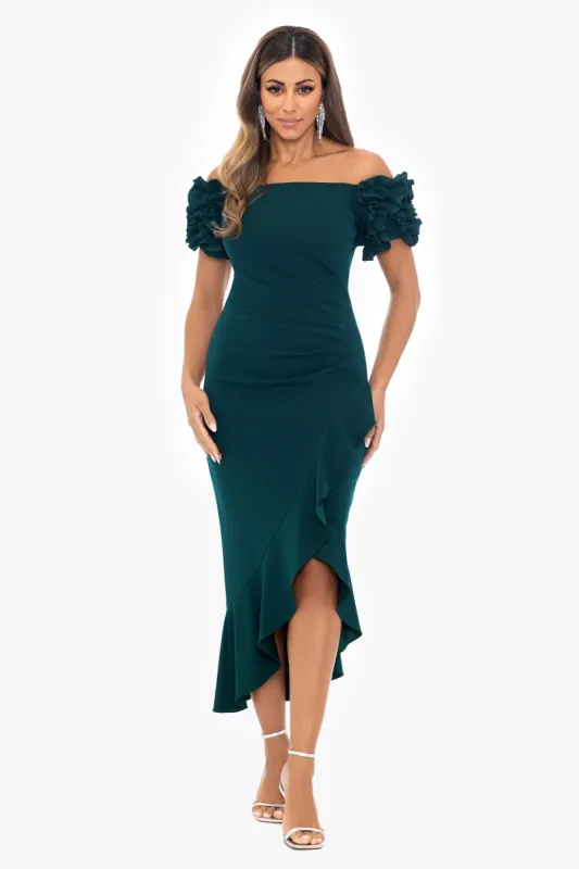 Petite "Loretta" Scuba Crepe Off the Shoulder Ruffle Sleeve Midi Dress sold by Xscape