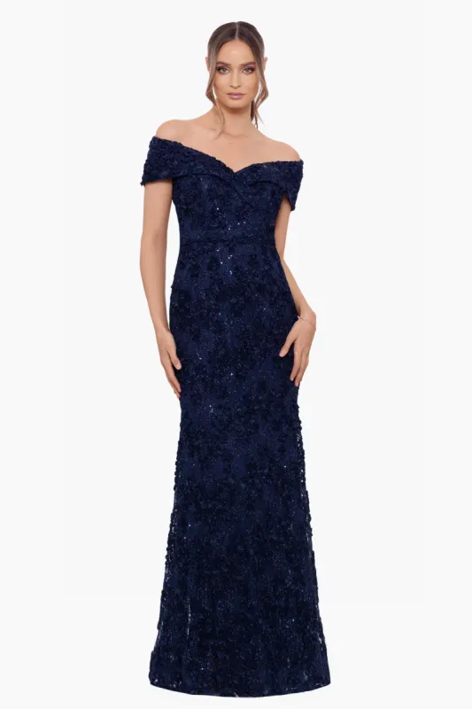 Petite "Jill" Off The Shoulder Long Lace Dress sold by Xscape