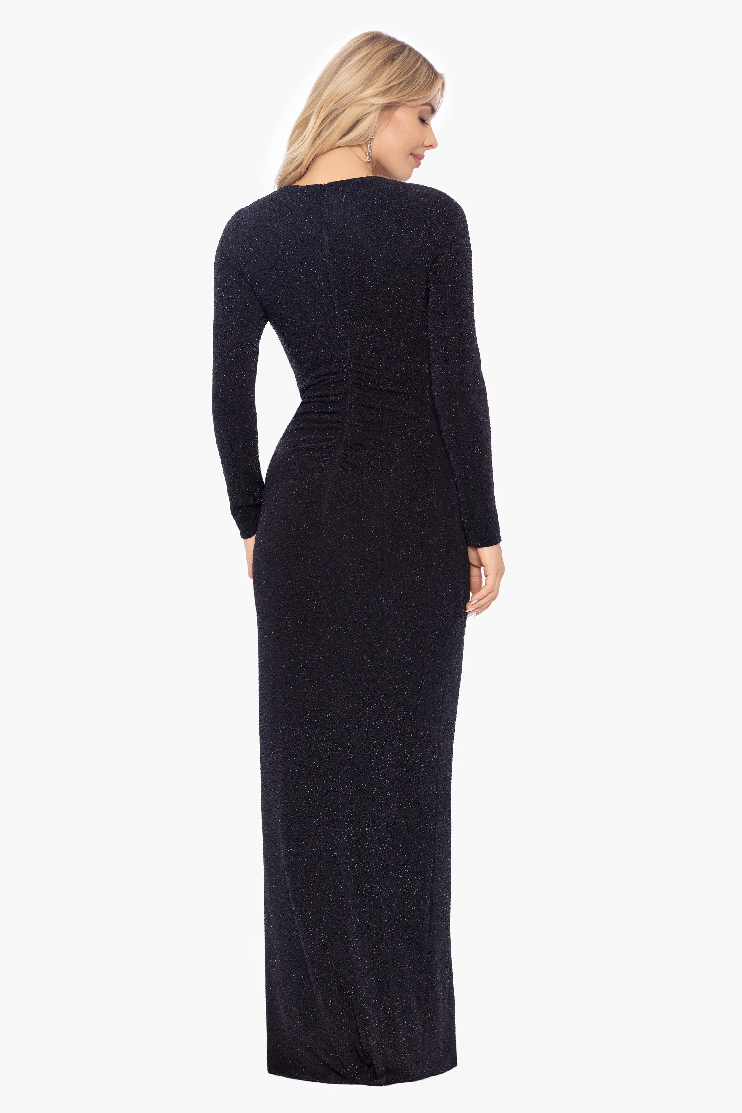 "Raquel" Long Sleeve Metallic Knit Keyhole Ruffle Dress sold by Xscape product image thumbnail 2