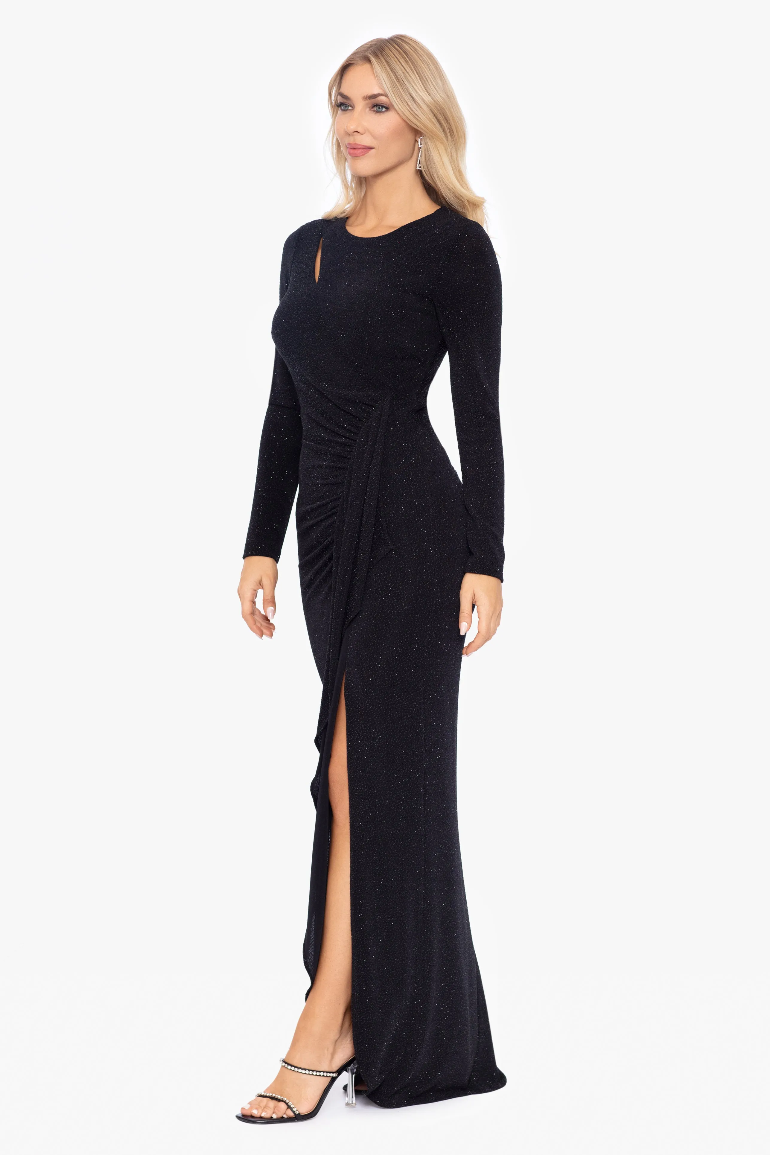 "Raquel" Long Sleeve Metallic Knit Keyhole Ruffle Dress sold by Xscape product image thumbnail 3