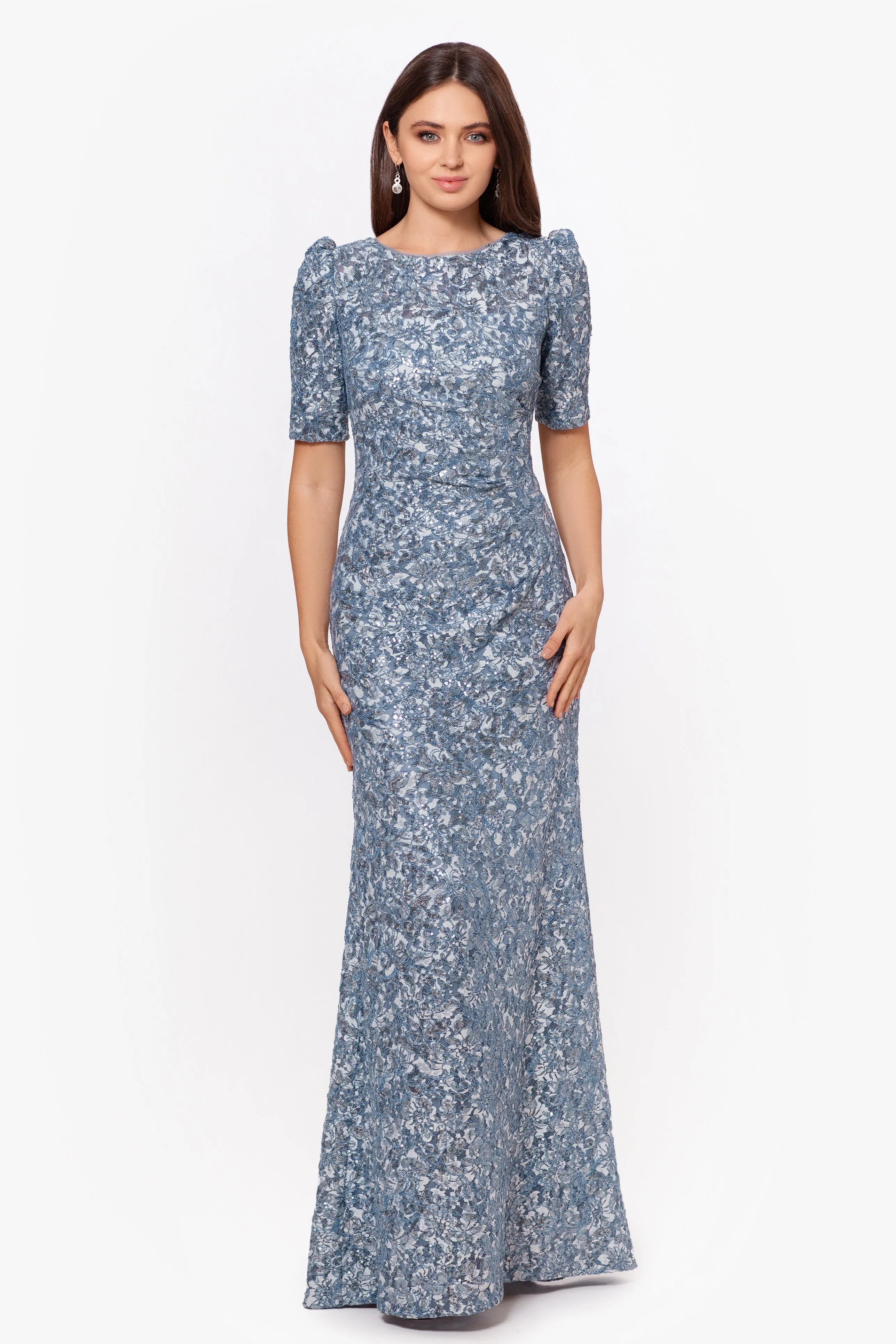 "Brielle" Long Lace Sequin Side Ruched Dress sold by Xscape product image thumbnail 4