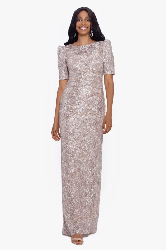 "Brielle" Long Lace Sequin Side Ruched Dress sold by Xscape