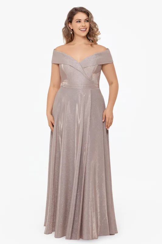 Plus "Willow" Off the Shoulder Glitter Knit Gown sold by Xscape