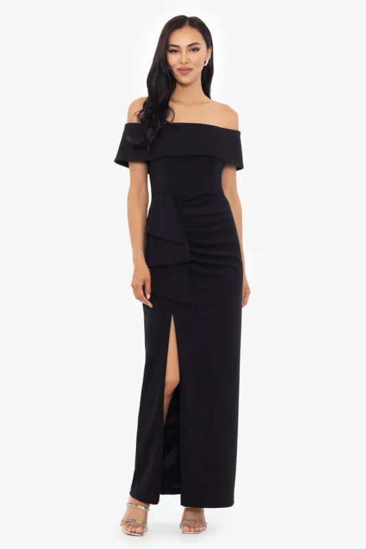 Petite "Camila" Long Off the Shoulder Scuba Crepe Dress sold by Xscape