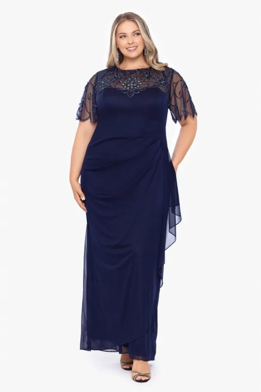 Plus "Dahlia" Long Sheer Matte Jersey Beaded Top Dress sold by Xscape