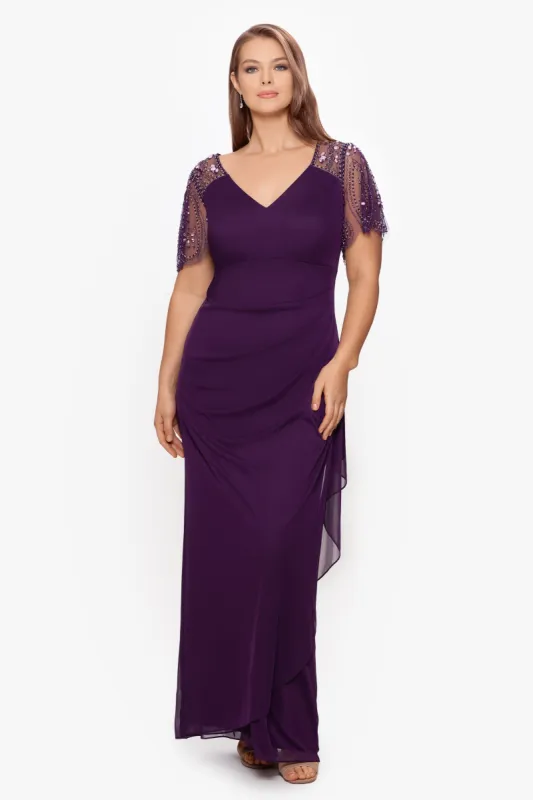 Plus "Lana" Long V-Neck Beaded Flutter Sleeve Dress sold by Xscape