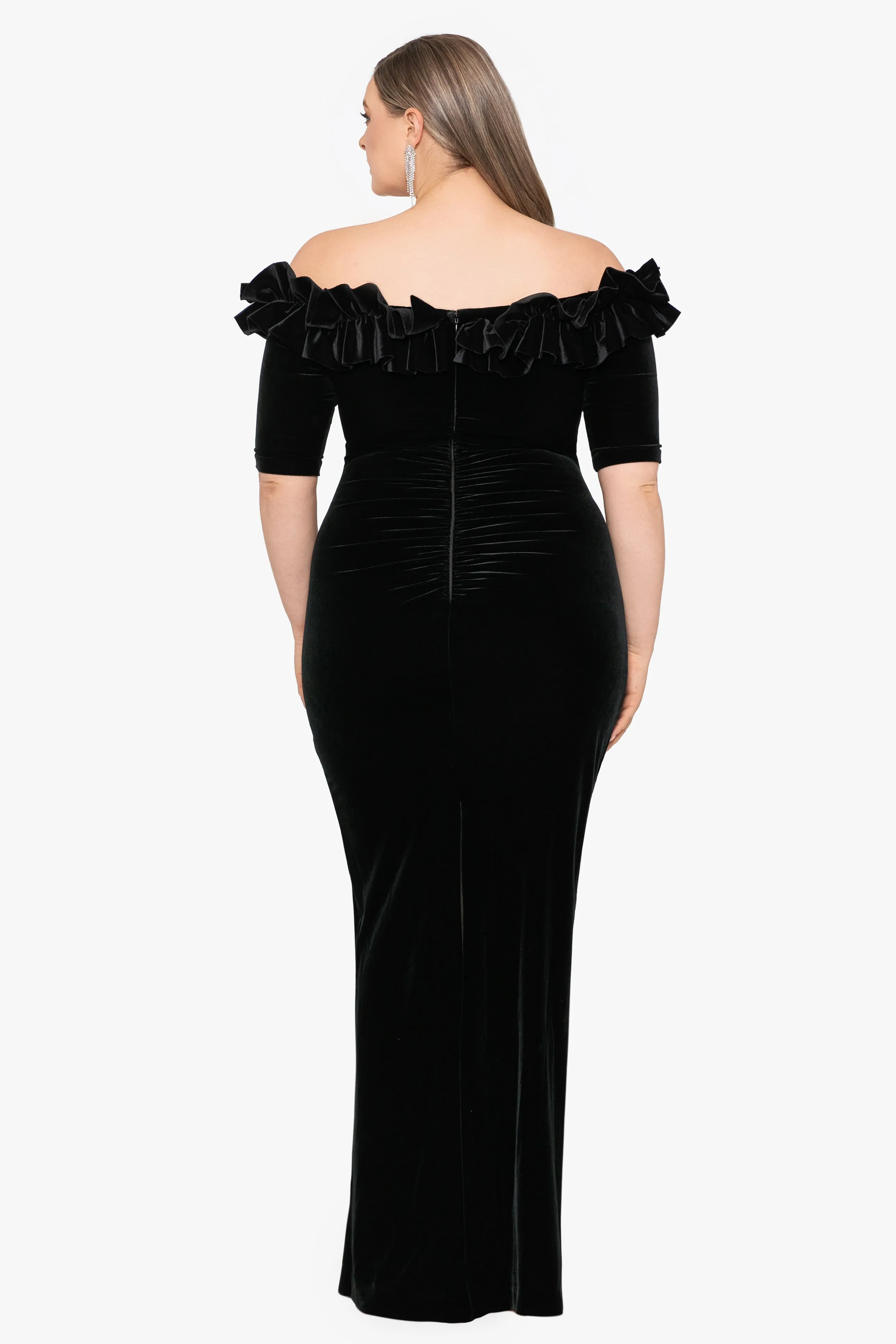 Plus "Tiffany" Long Velvet 3/4 Sleeve Ruffle Top Dress sold by Xscape product image thumbnail 2