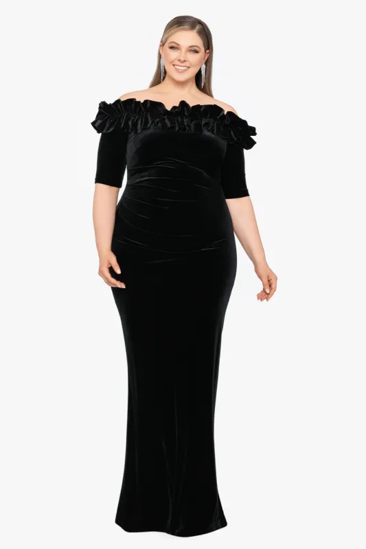 Plus "Tiffany" Long Velvet 3/4 Sleeve Ruffle Top Dress sold by Xscape