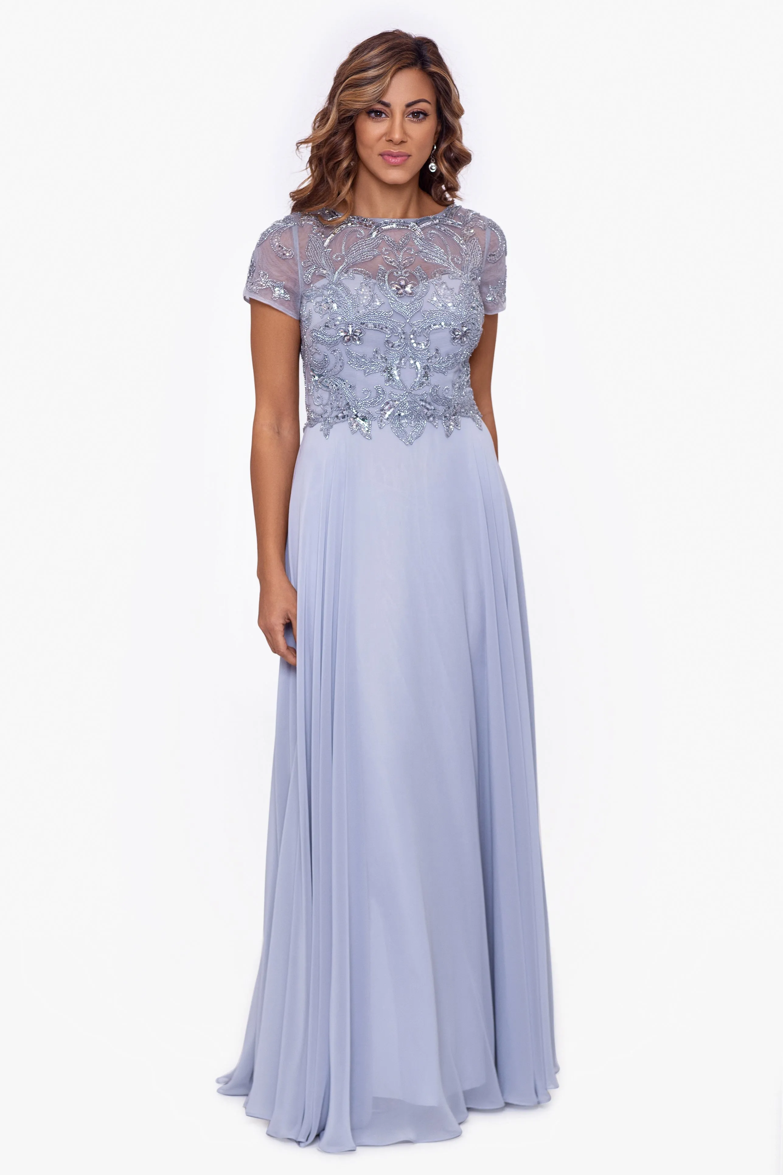 "Jerri" Beaded Short Sleeve Chiffon Gown sold by Xscape