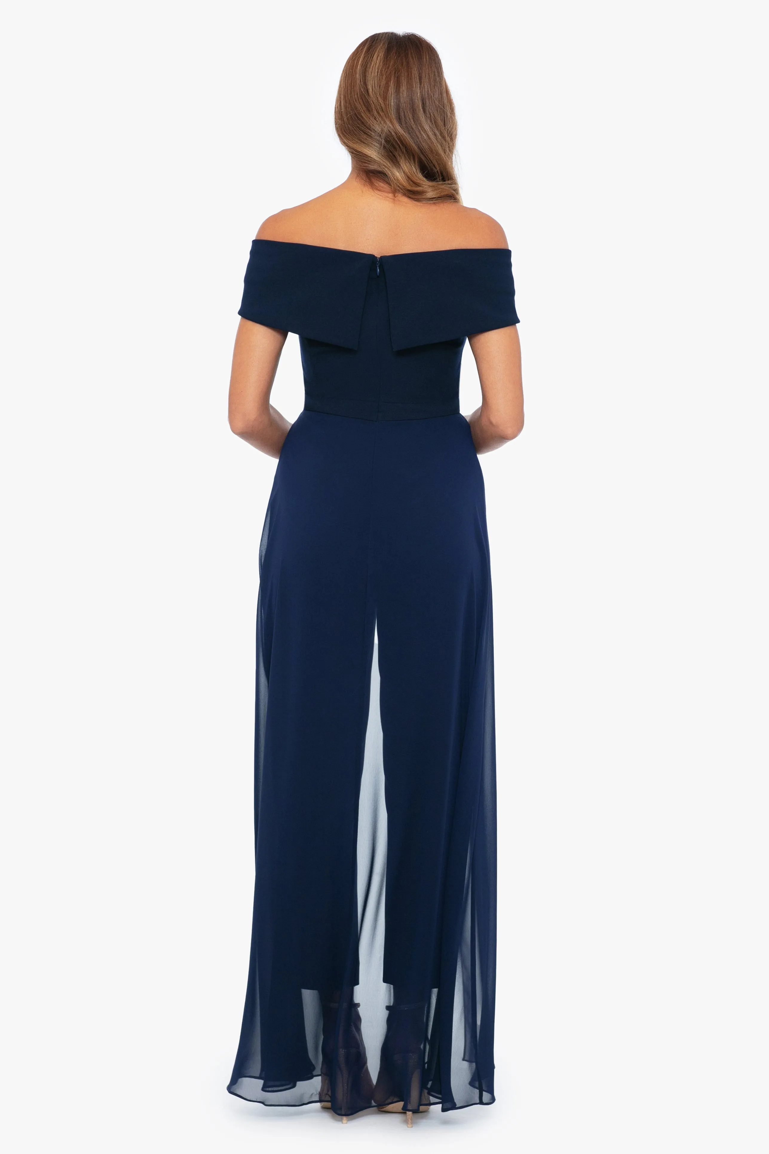 "Margot" Off the Shoulder Scuba Crepe and Chiffon Jumpsuit sold by Xscape product image thumbnail 4