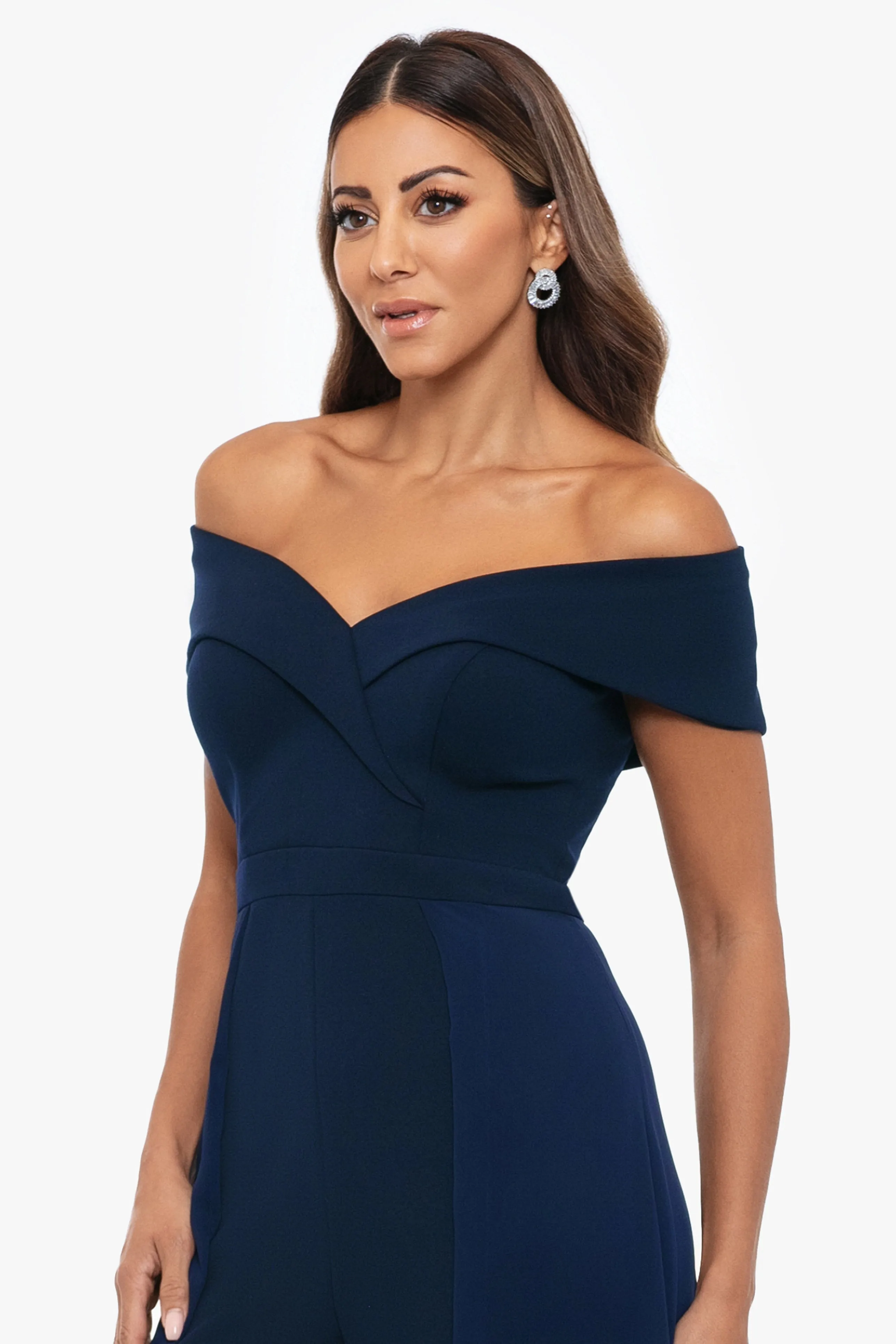 "Margot" Off the Shoulder Scuba Crepe and Chiffon Jumpsuit sold by Xscape product image thumbnail 5
