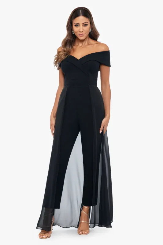 "Margot" Off the Shoulder Scuba Crepe and Chiffon Jumpsuit sold by Xscape
