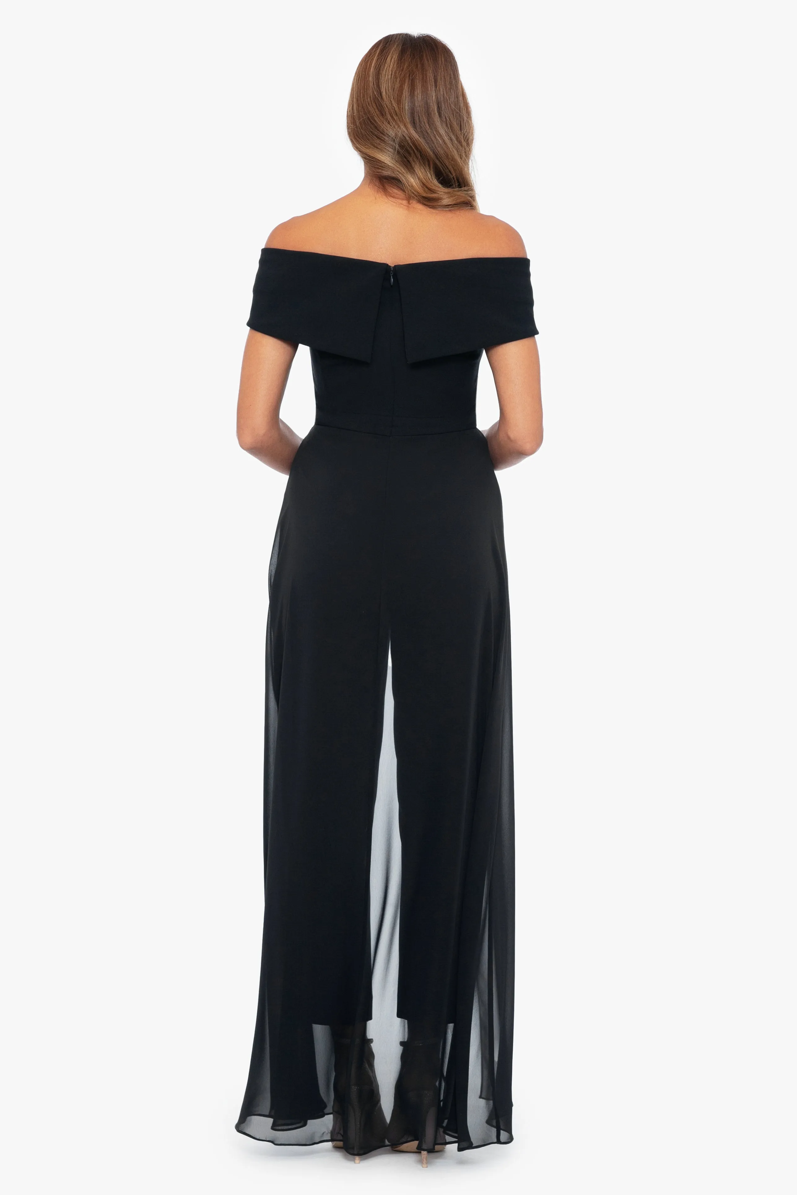 "Margot" Off the Shoulder Scuba Crepe and Chiffon Jumpsuit sold by Xscape product image thumbnail 2
