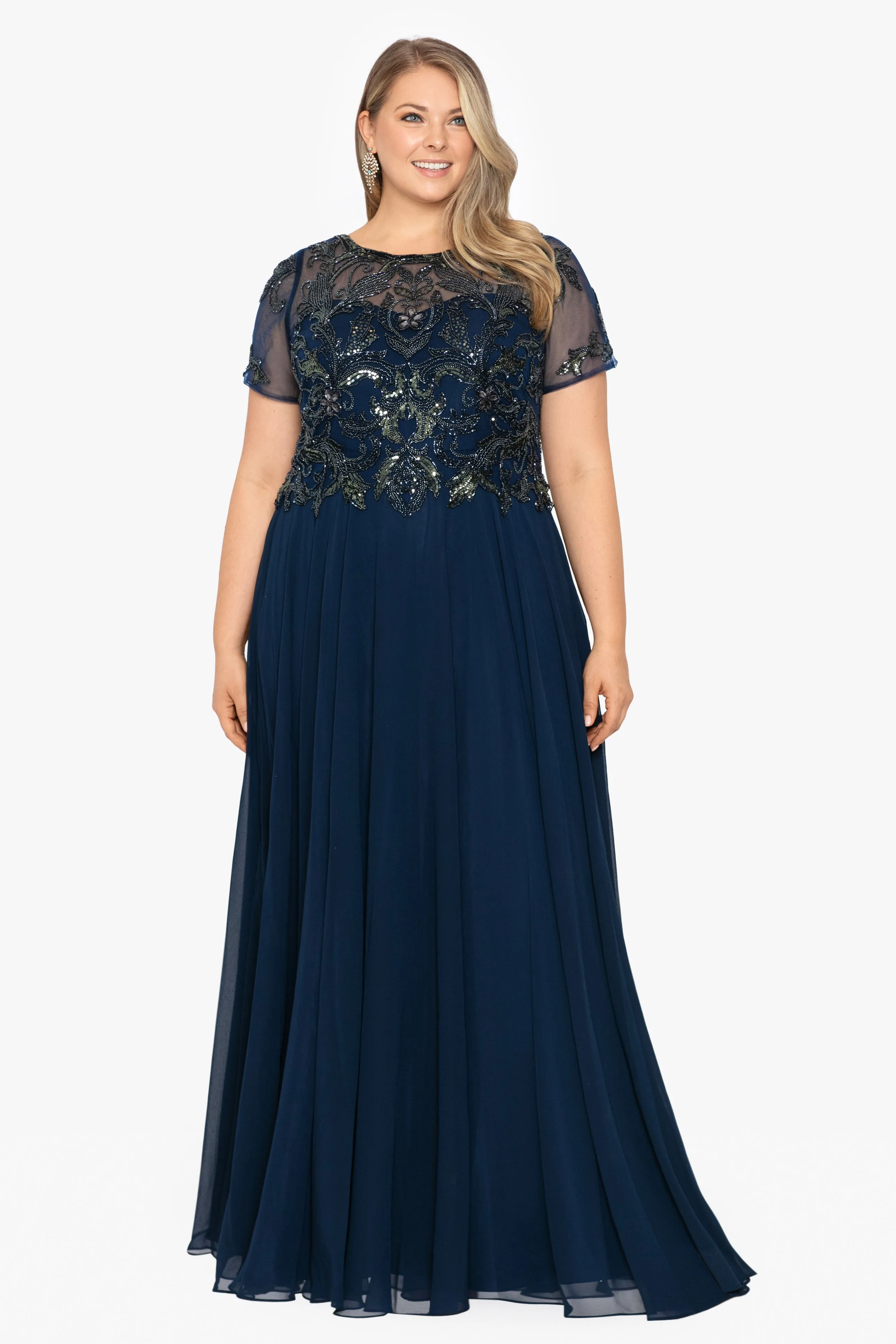 Plus "Jerri" Beaded Short Sleeve Chiffon Gown sold by Xscape